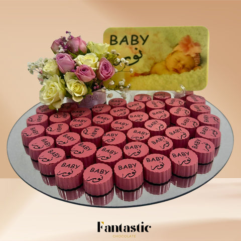 Round Mirror Tray of Name Printed Pink Chocolate 40 pieces