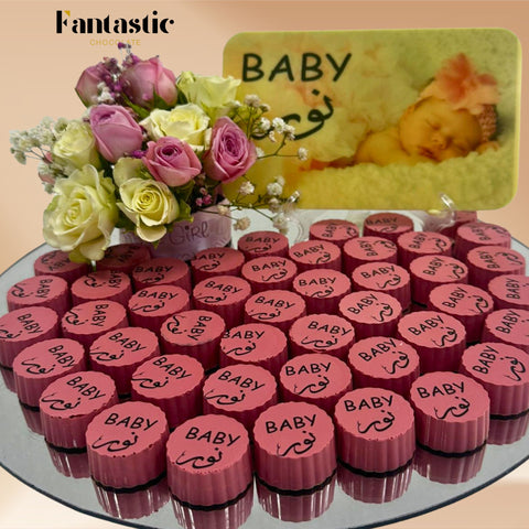 Round Mirror Tray of Name Printed Pink Chocolate 40 pieces
