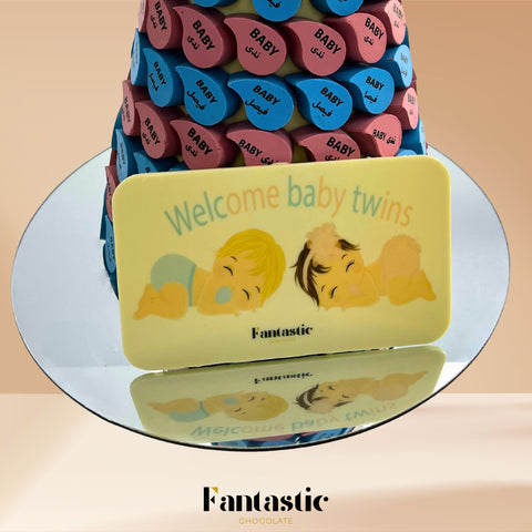Twin Newborns Chocolate Tower with a Congratulating Sentence (#36)