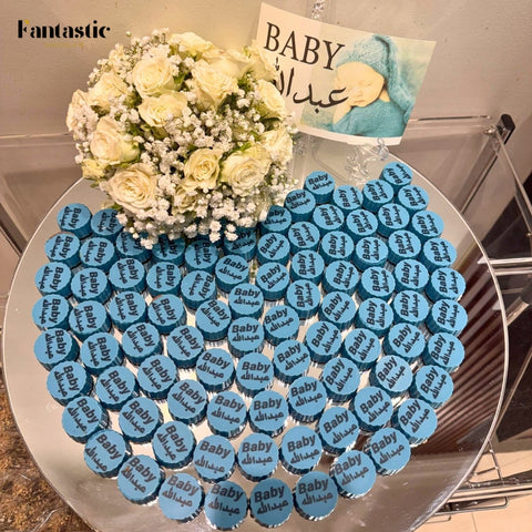Round Mirror Tray of Name Printed Blue Chocolate