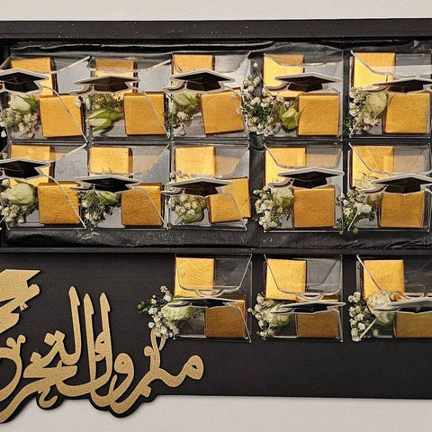 Graduation Chocolate Wooden Tray with Fresh Flowers - Fantastic Chocolate