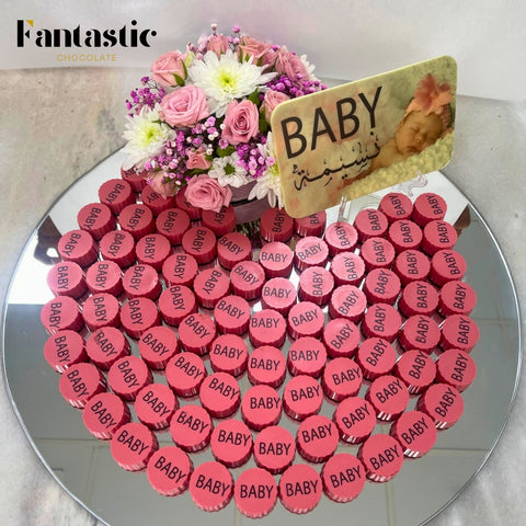 Round Mirror Tray of Name Printed Pink Chocolate 80 pieces