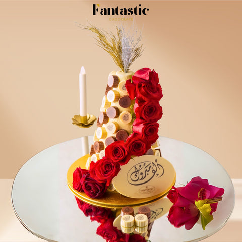 White & Brown Chocolate Tower Decorated with Fresh Flowers (#5)