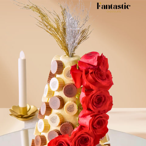 White & Brown Chocolate Tower Decorated with Fresh Flowers (#5)