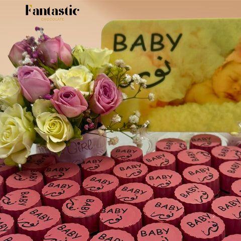 Round Mirror Tray of Name Printed Pink Chocolate 40 pieces