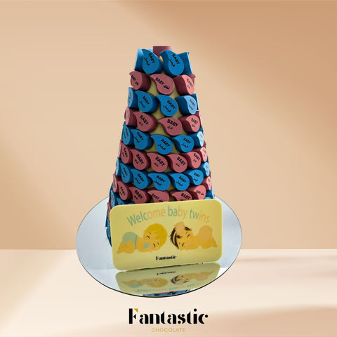 Twin Newborns Chocolate Tower with a Congratulating Sentence (#36)
