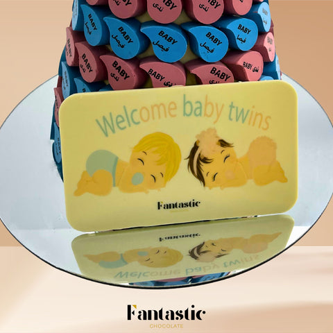 Twin Newborns Chocolate Tower with a Congratulating Sentence (#36)