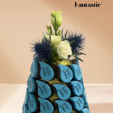 Blue Chocolate Tower with a Congratulating Sentence (24) - Fantastic Chocolate