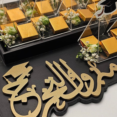 Graduation Chocolate Wooden Tray with Fresh Flowers - Fantastic Chocolate