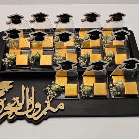 Graduation Chocolate Wooden Tray with Fresh Flowers - Fantastic Chocolate