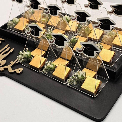 Graduation Chocolate Wooden Tray with Fresh Flowers - Fantastic Chocolate