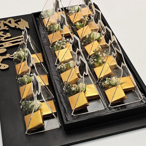 Graduation Chocolate Wooden Tray with Fresh Flowers - Fantastic Chocolate
