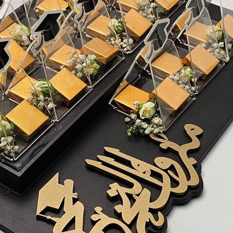 Graduation Chocolate Wooden Tray with Fresh Flowers - Fantastic Chocolate
