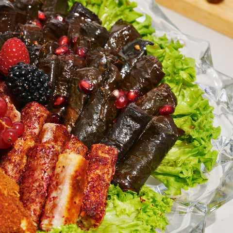 Mixed Savory Platter of Grape Leaves, Musakhan & Sambousek - Fantastic Chocolate