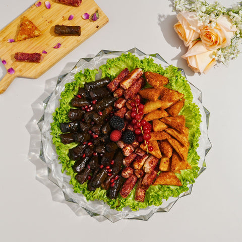 Mixed Savory Platter of Grape Leaves, Musakhan & Sambousek - Fantastic Chocolate