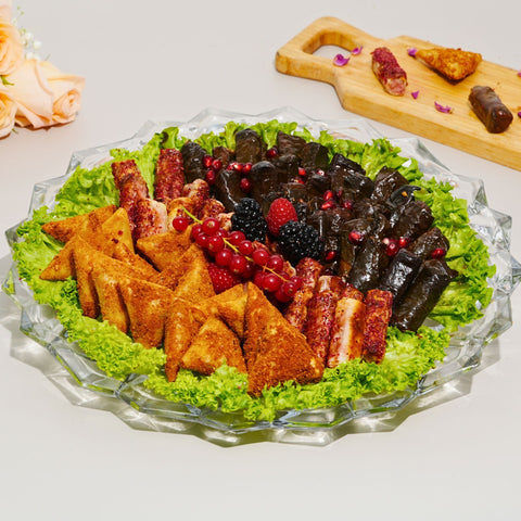 Mixed Savory Platter of Grape Leaves, Musakhan & Sambousek - Fantastic Chocolate