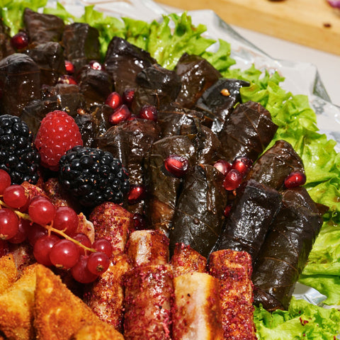 Mixed Savory Platter of Grape Leaves, Musakhan & Sambousek - Fantastic Chocolate