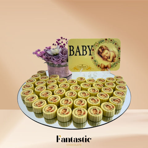 Round Mirror Tray of Logo Printed White Chocolate 40 pieces - Fantastic Chocolate