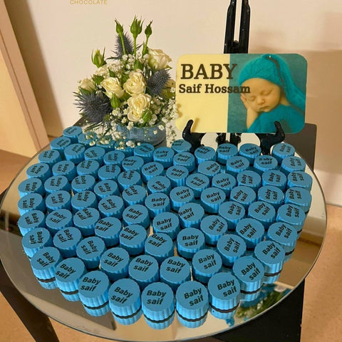 Round Mirror Tray of Name Printed Blue Chocolate - Fantastic Chocolate