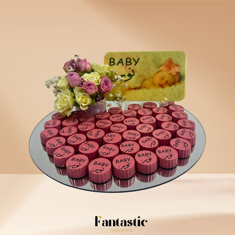 Round Mirror Tray of Name Printed Pink Chocolate 40 pieces - Fantastic Chocolate