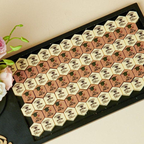 Wooden Graduation Tray Hexagon Shaped Printed Chocolate - Fantastic Chocolate